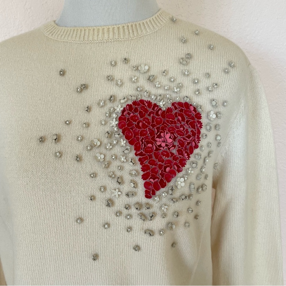 Valentino L’Amour Ivory 100% Cashmere Sweater Red Floral Heart Leather Italy - Picture 3 of 16